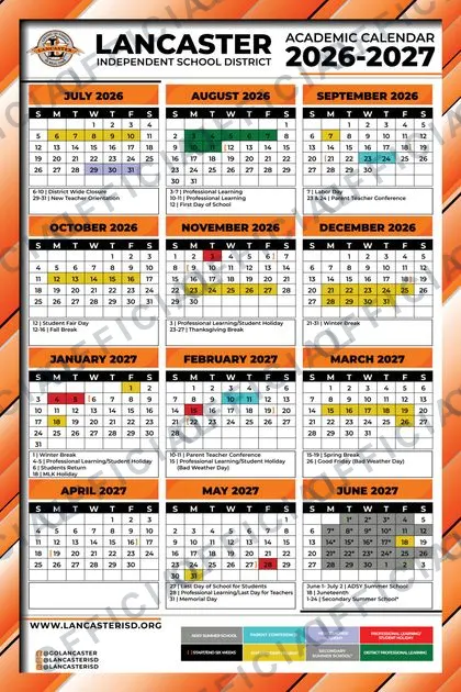 Lancaster Independent School District 2026-27 calendar