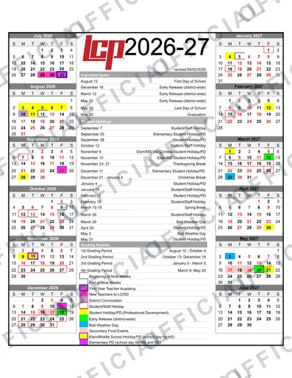 Laredo Independent School District ISD 2026-27 calendar