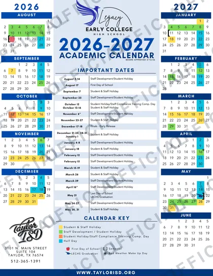 Legacy Early College High School 2026-27 calendar
