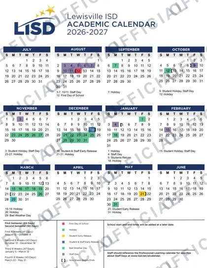 Lewisville ISD Academic 2026-27 calendar