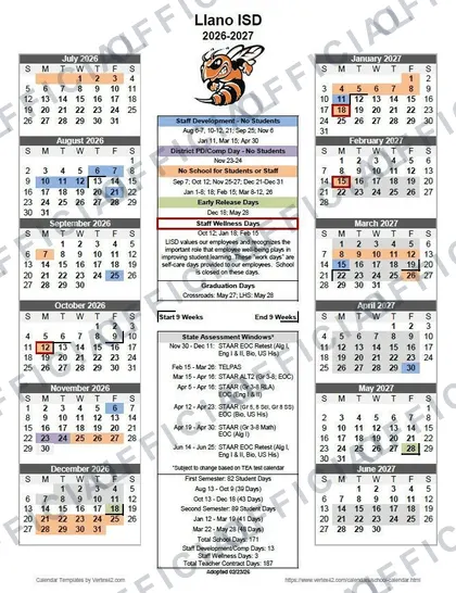 Llano ISD 2026-27 calendar