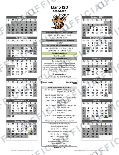 Llano ISD 2026-27 calendar