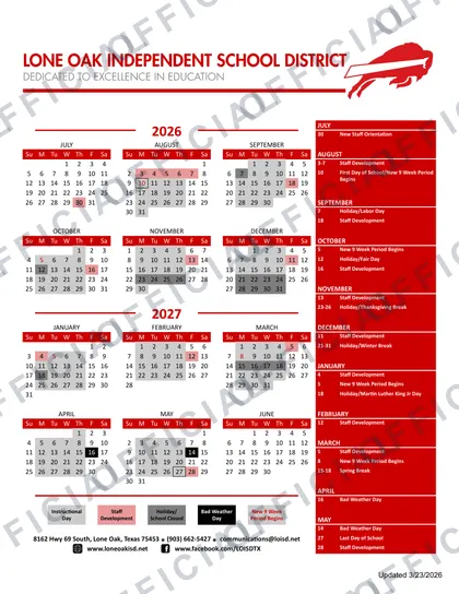 Lone Oak Independent School District 2026-27 calendar