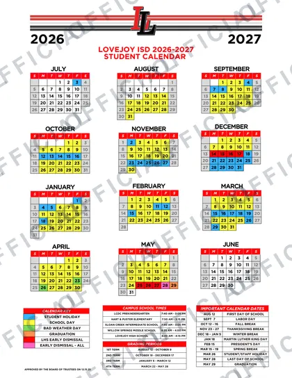 Lovejoy ISD 2026-27 calendar