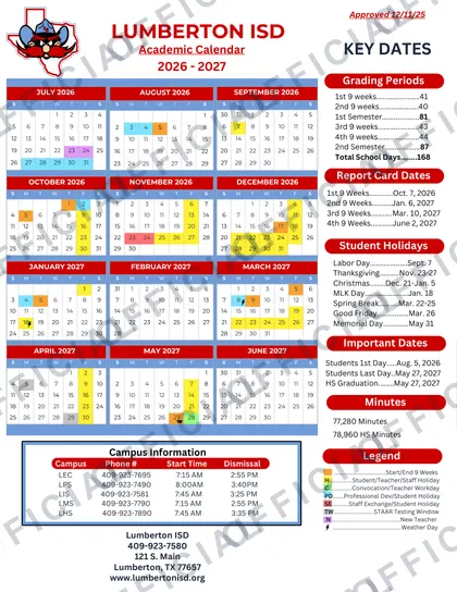 Lumberton ISD 2026-27 calendar