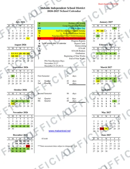 Mabank Independent School District isd 2026-27 calendar