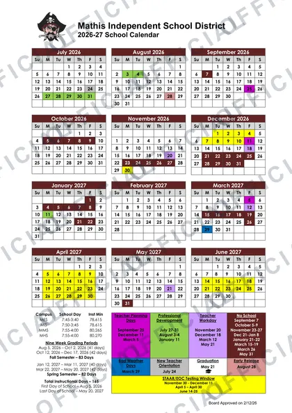 Mathis ISD 2026-27 calendar