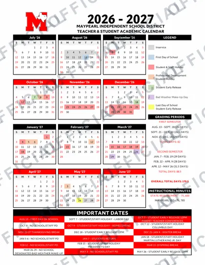 Maypearl ISD 2026-27 calendar