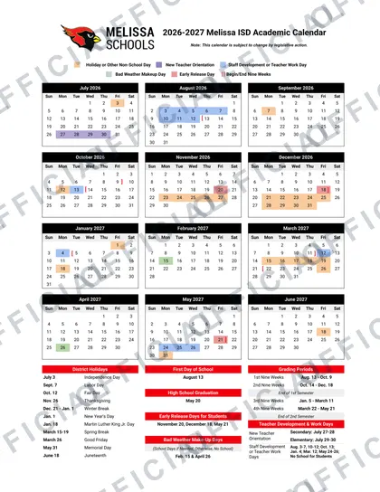 Melissa ISD 2026-27 calendar