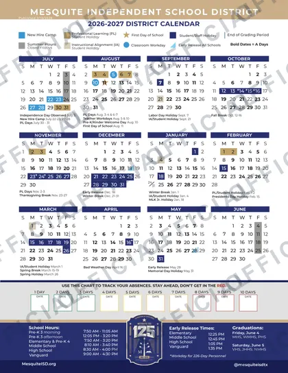 Mesquite Independent School District ISD 2026-27 calendar