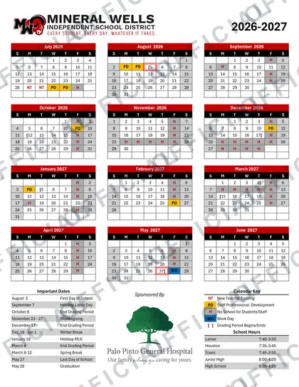 Mineral Wells Independent School District 2026-27 calendar