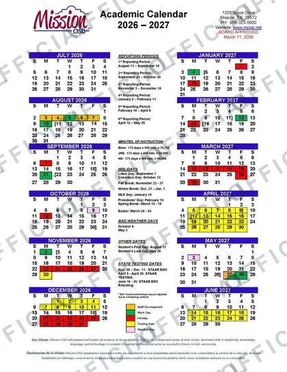 Mission CISD 2026-27 calendar