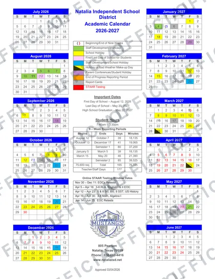 Natalia Independent School District 2026-27 calendar