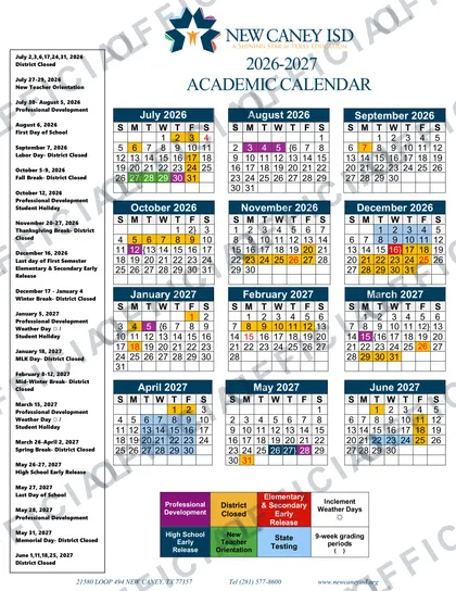 New Caney ISD 2026-27 calendar