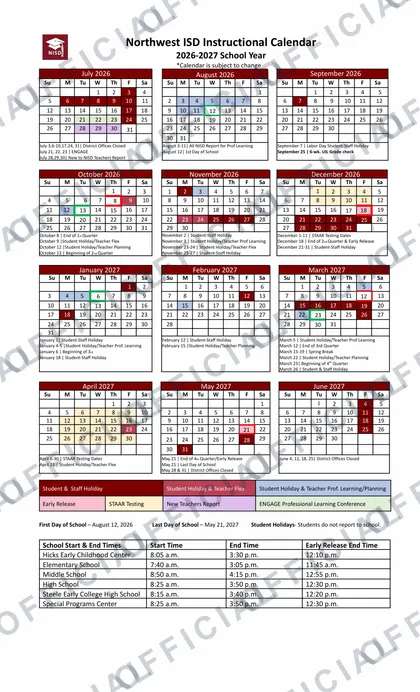 Northwest ISD Calendars 2026-27 calendar
