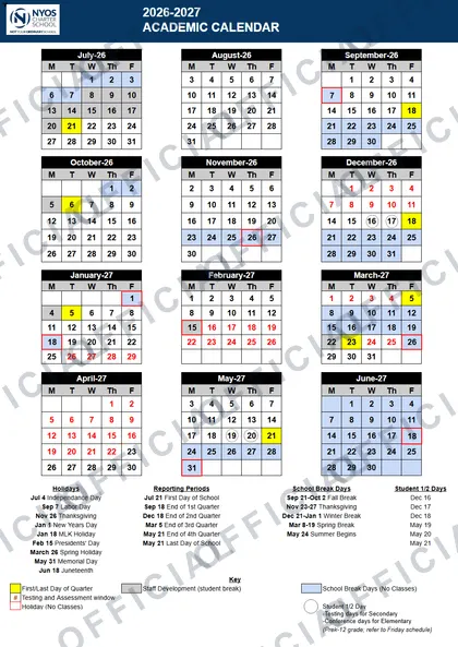 NYOS Charter School 2026-27 calendar