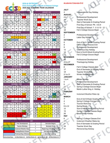 Odessa College OCA & OCTECHS Calendars 2026-27 calendar
