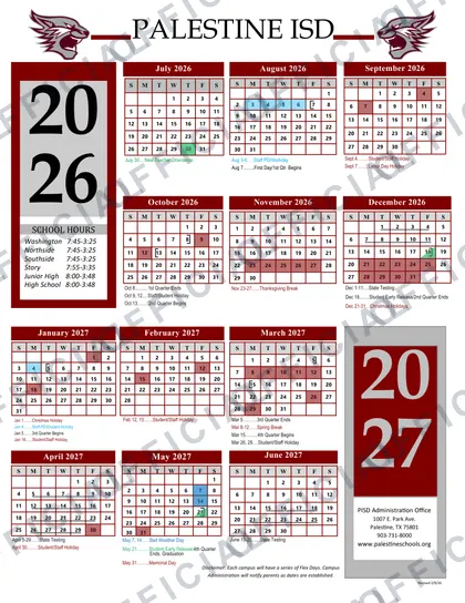 Palestine ISD 2026-27 calendar