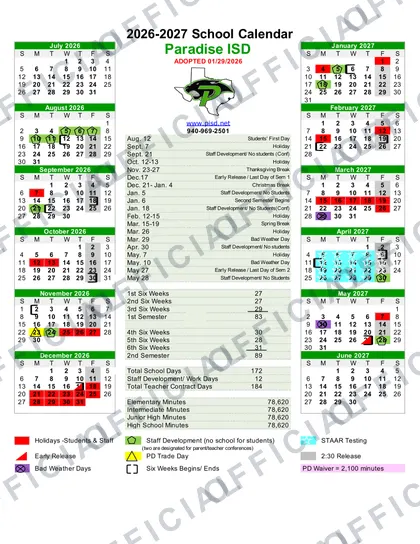 Paradise ISD 2026-27 calendar