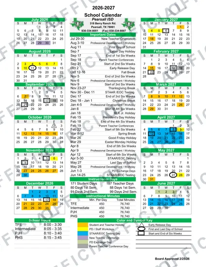Pearsall ISD School 2026-27 calendar