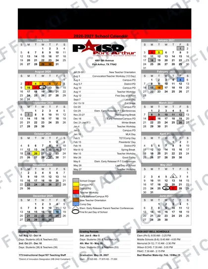 Port Arthur Independent School District 2026-27 calendar