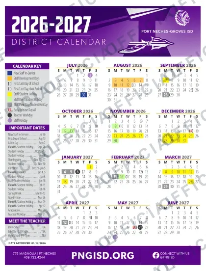 Port Neches-Groves ISD 2026-27 calendar