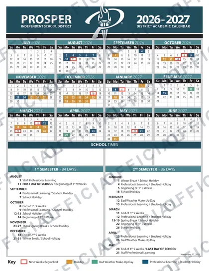 Prosper ISD 2026-27 calendar