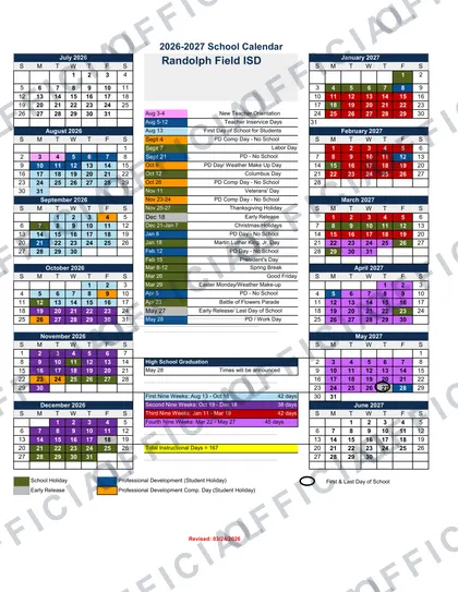 Randolph Field ISD 2026-27 calendar