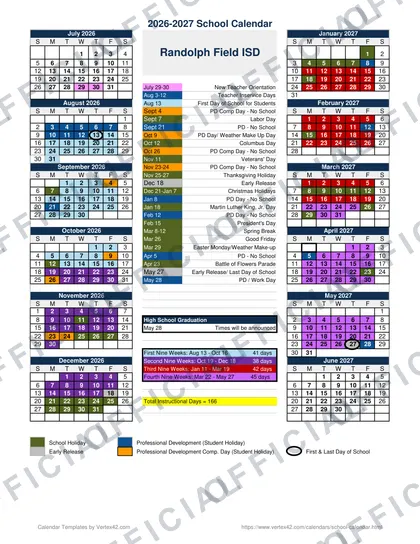 Randolph Field ISD 2026-27 calendar