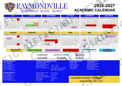 Raymondville Independent School District 2026-27 calendar