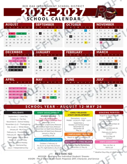 Red Oak ISD 2026-27 calendar