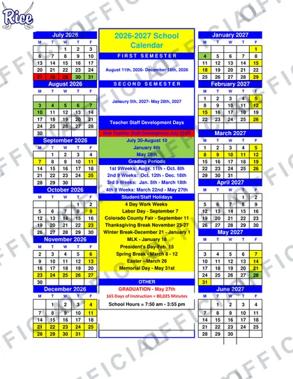 Rice 2026-27 calendar