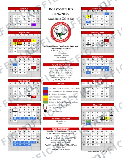 Robstown ISD Independent School District 2026-27 calendar