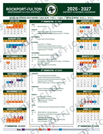 Rockport-Fulton Independent School District 2026-27 calendar