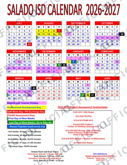 Salado ISD 2026-27 calendar