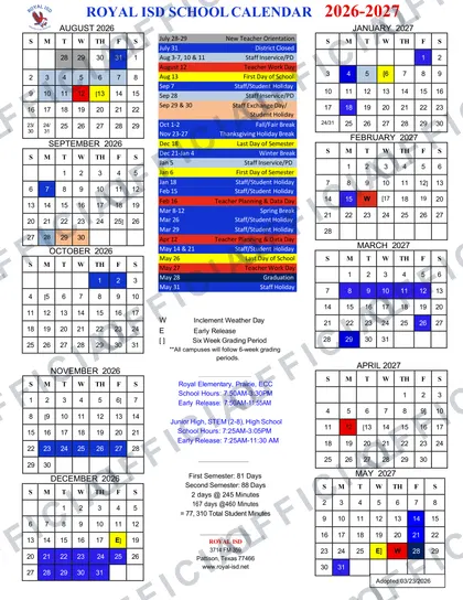 San Angelo and Trinity 2026-27 calendar