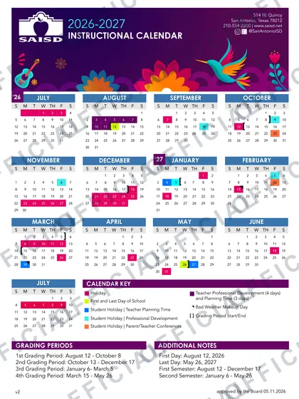 San Antonio Independent School District 2026-27 calendar