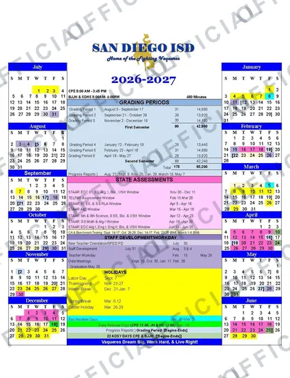 San Diego ISD 2026-27 calendar