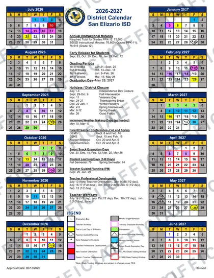 San Elizario ISD 2026-27 calendar