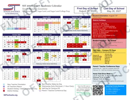 School of Science & Technology 2026-27 calendar