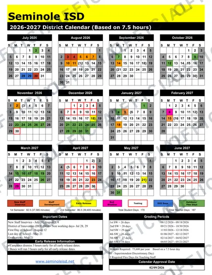 Seminole ISD 2026-27 calendar