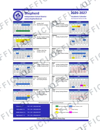 Shepherd ISD School 2026-27 calendar