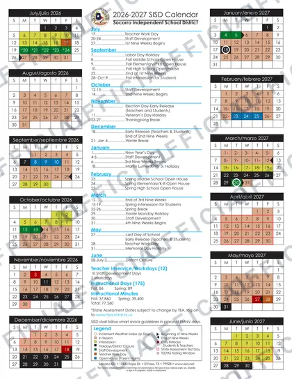 Socorro ISD Independent School District 2026-27 calendar