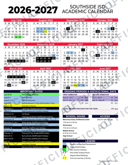Southside ISD Independent School District 2026-27 calendar