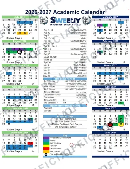 Sweeny Independent School District 2026-27 calendar