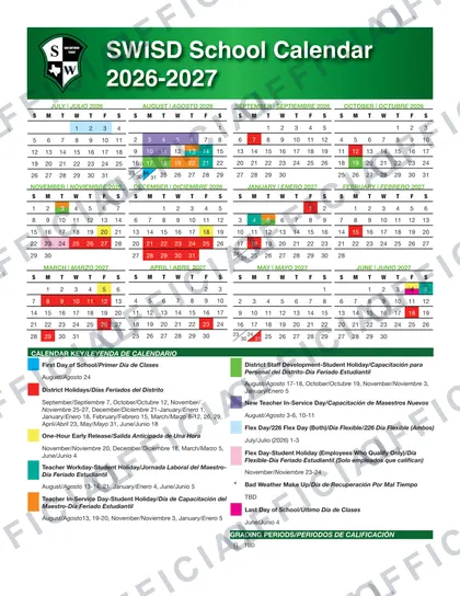 SWISD Southwest ISD 2026-27 calendar
