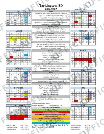 Tarkington ISD 2026-27 calendar