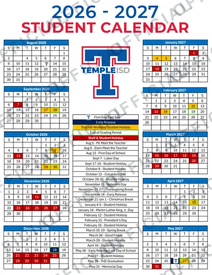 Temple ISD 2026-27 calendar