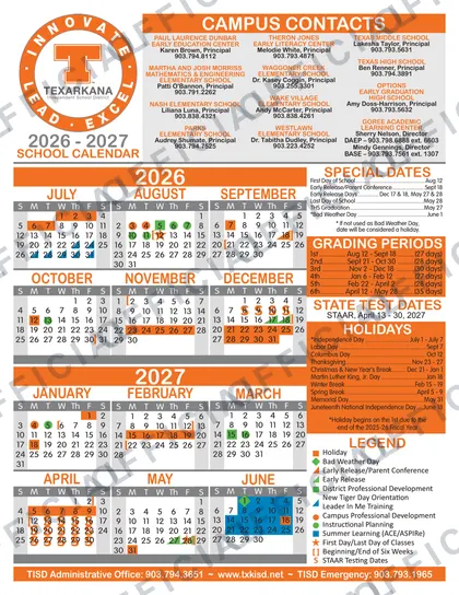 Texarkana ISD TXKISD 2026-27 calendar