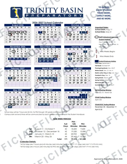 Trinity Basin Preparatory 2026-27 calendar